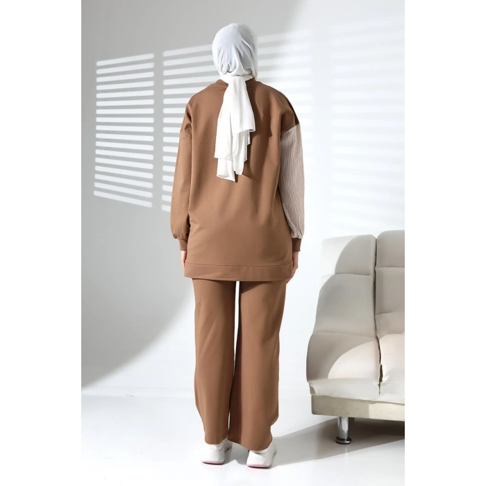 Kadın Mevsimlik Alt Üst Rahat Kahverengi Spor Ikili Tunik Pantolon Şık Tesettür Takım