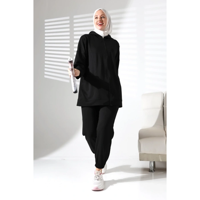 Kadın Mevsimlik Alt Üst Rahat Siyah Spor Ikili Tunik Pantolon Şık Tesettür Takım