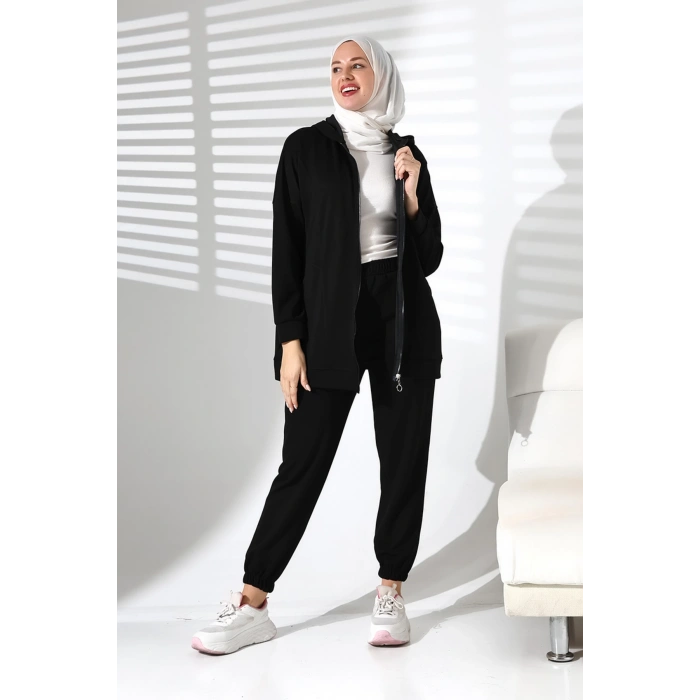 Kadın Mevsimlik Alt Üst Rahat Siyah Spor Ikili Tunik Pantolon Şık Tesettür Takım