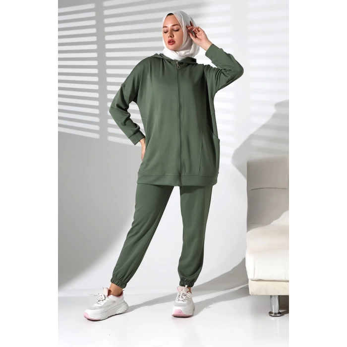Kadın Mevsimlik Alt Üst Rahat Haki Spor Ikili Tunik Pantolon Şık Tesettür Takım