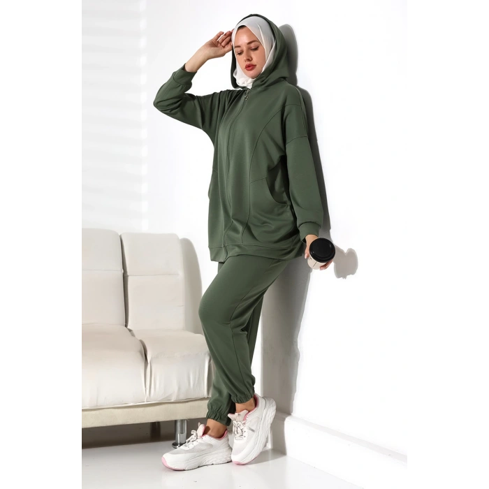 Kadın Mevsimlik Alt Üst Rahat Haki Spor Ikili Tunik Pantolon Şık Tesettür Takım