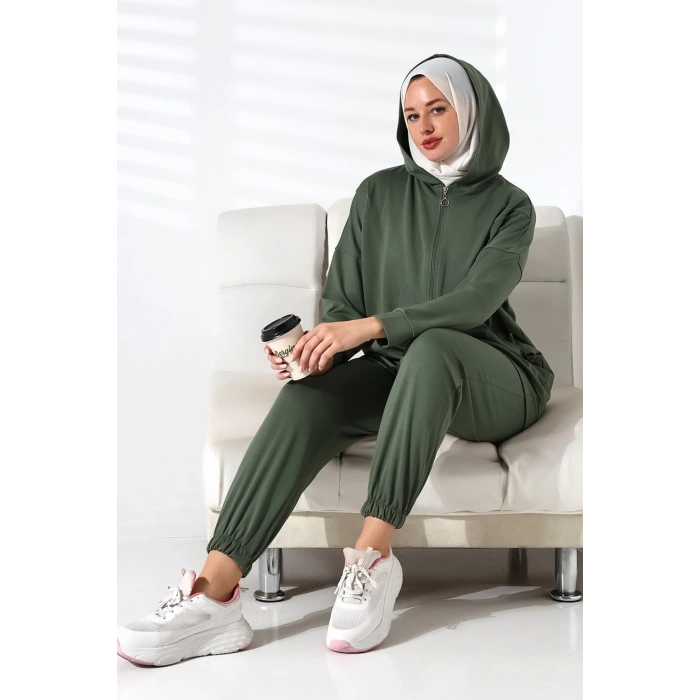 Kadın Mevsimlik Alt Üst Rahat Haki Spor Ikili Tunik Pantolon Şık Tesettür Takım