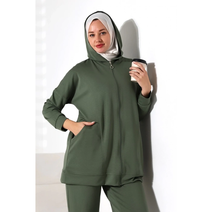 Kadın Mevsimlik Alt Üst Rahat Haki Spor Ikili Tunik Pantolon Şık Tesettür Takım