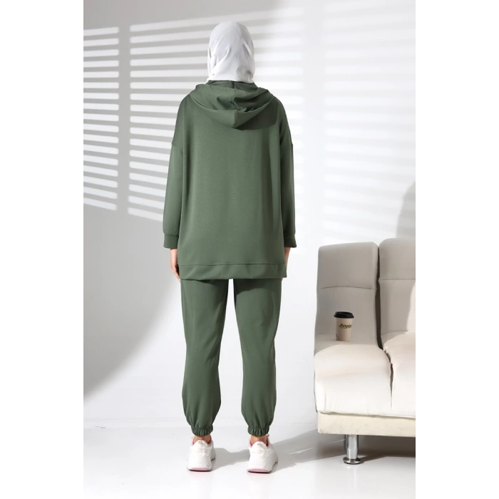 Kadın Mevsimlik Alt Üst Rahat Haki Spor Ikili Tunik Pantolon Şık Tesettür Takım