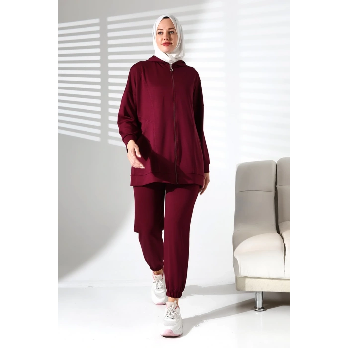 Kadın Mevsimlik Alt ve Üst Rahat Mürdüm Spor Tesettür Takım