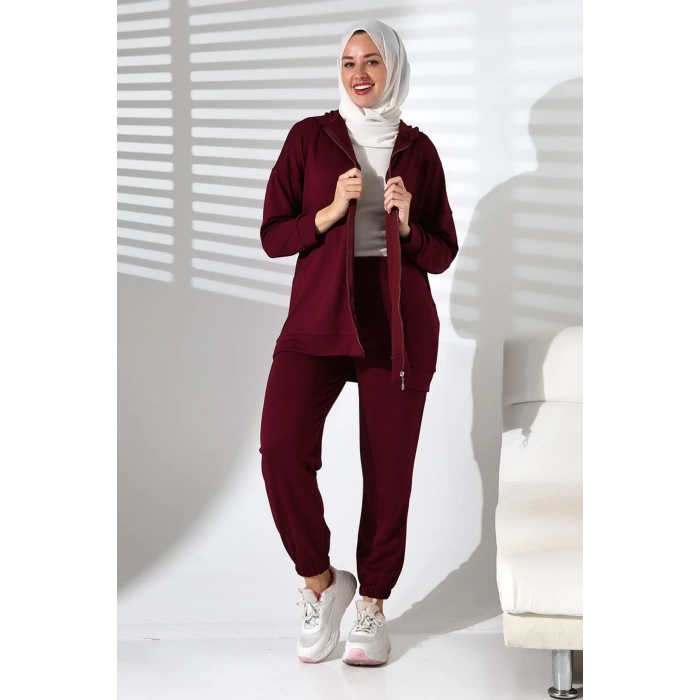 Kadın Mevsimlik Alt ve Üst Rahat Mürdüm Spor Tesettür Takım