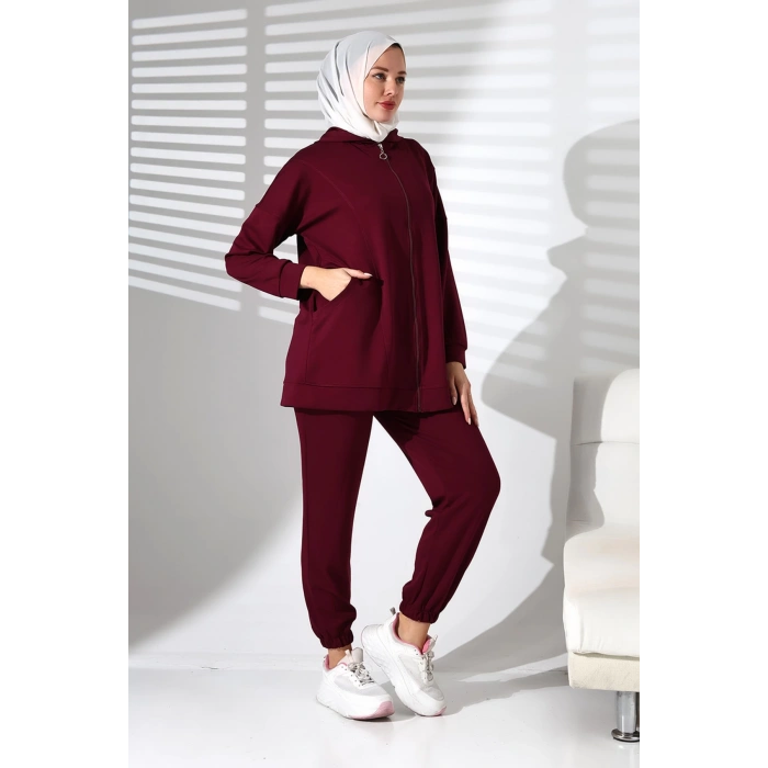 Kadın Mevsimlik Alt ve Üst Rahat Mürdüm Spor Tesettür Takım