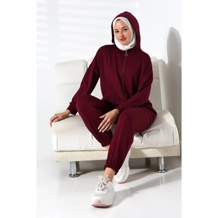 Kadın Mevsimlik Alt ve Üst Rahat Mürdüm Spor Tesettür Takım