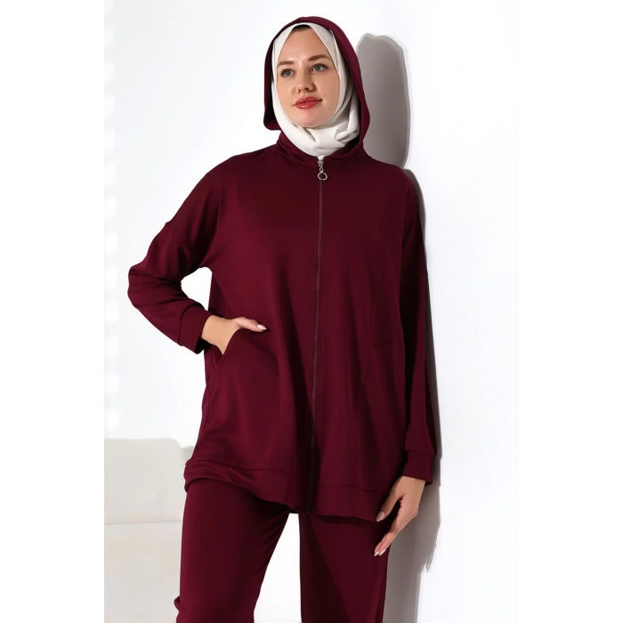 Kadın Mevsimlik Alt ve Üst Rahat Mürdüm Spor Tesettür Takım