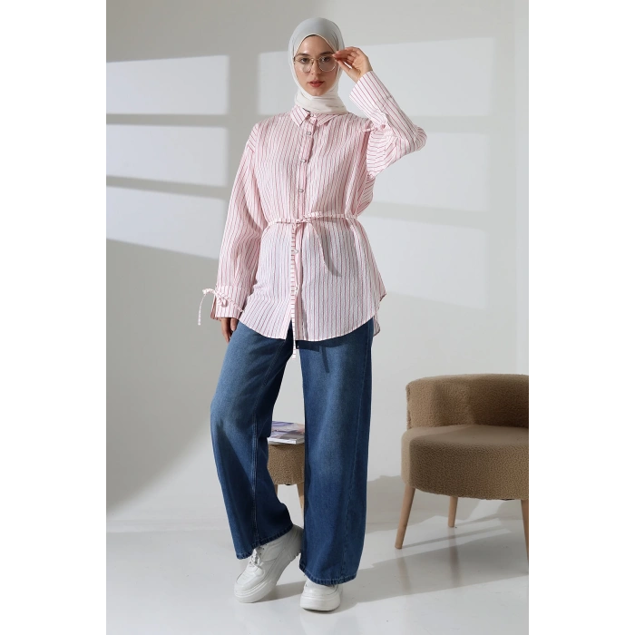 Kadın Modal Dokuma Kumaş Pembe Tesettür Gömlek