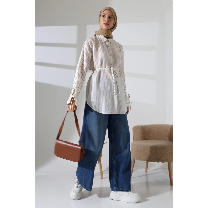 Kadın Modal Dokuma Kumaş Kahverengi Tesettür Gömlek