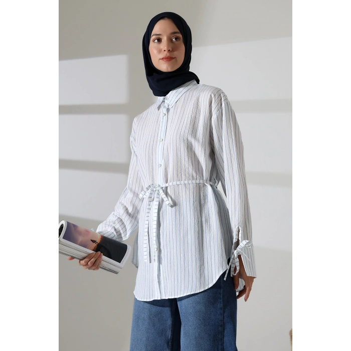 Kadın Modal Dokuma Kumaş Mavi Tesettür Gömlek