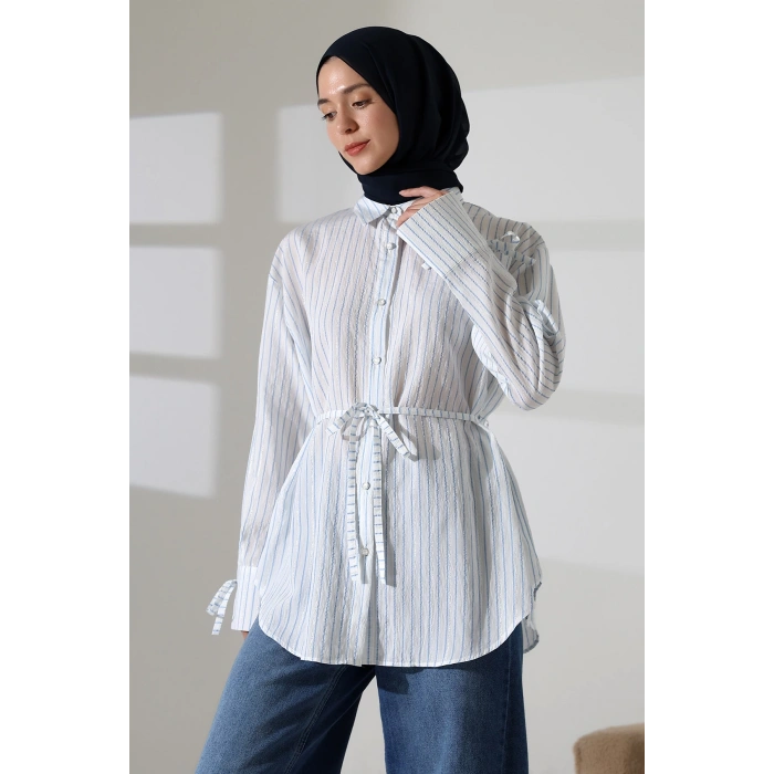 Kadın Modal Dokuma Kumaş Mavi Tesettür Gömlek