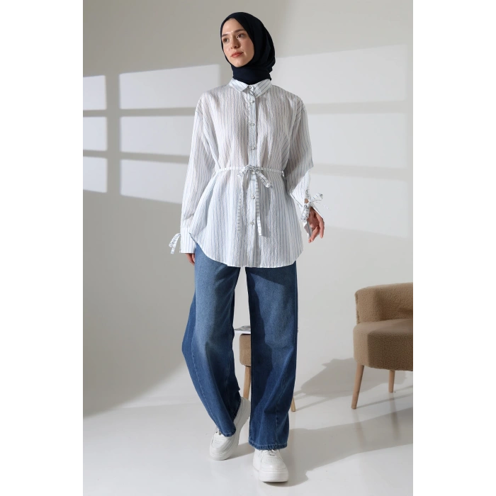 Kadın Modal Dokuma Kumaş Mavi Tesettür Gömlek