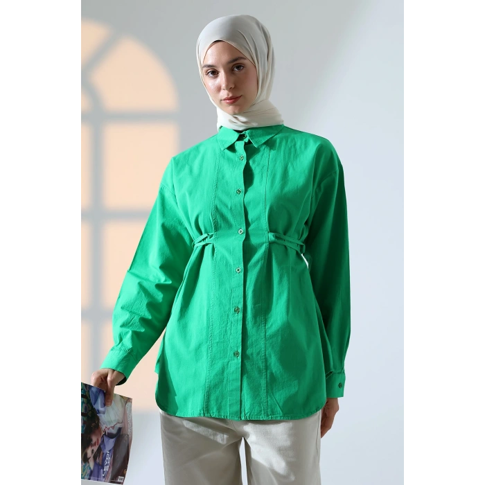 Kadın 100% Pamuk Poplin Kumaş Yeşil Tesettür Gömlek