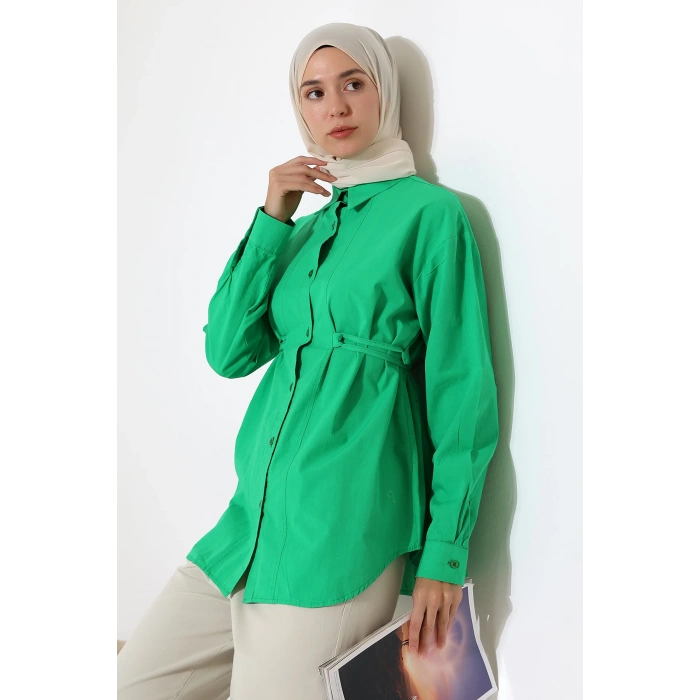 Kadın 100% Pamuk Poplin Kumaş Yeşil Tesettür Gömlek