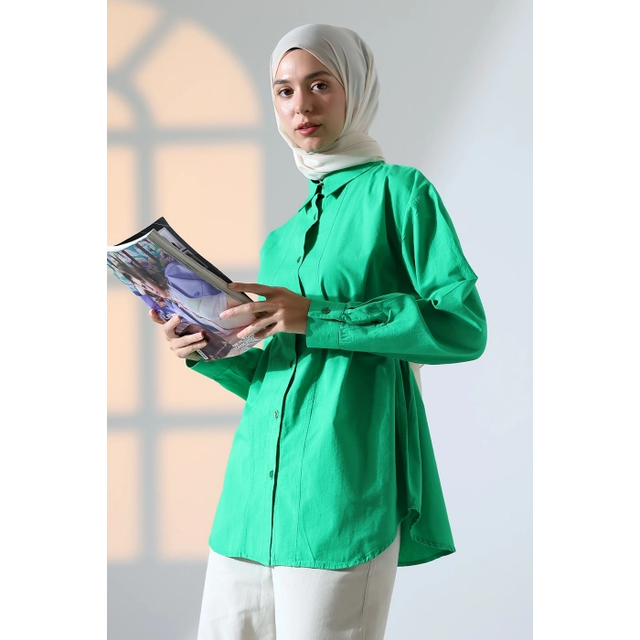 Kadın 100% Pamuk Poplin Kumaş Yeşil Tesettür Gömlek