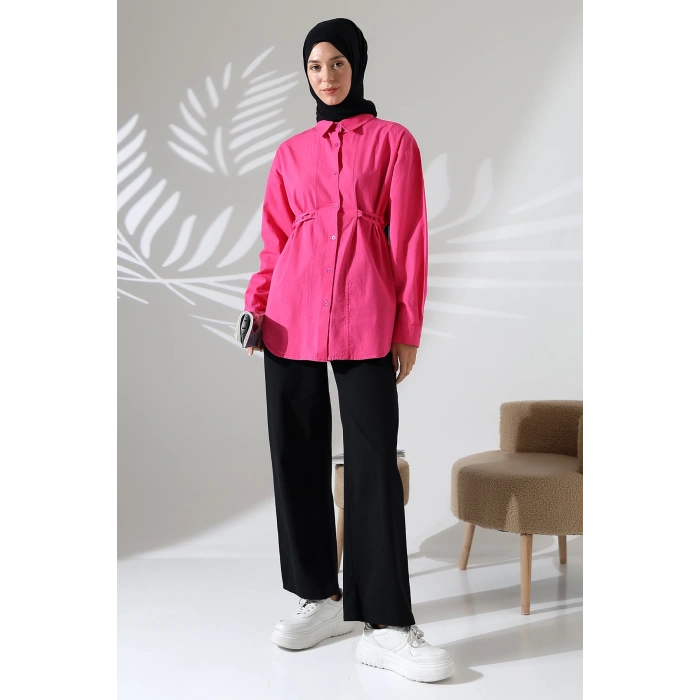 Kadın 100% Pamuk Poplin Kumaş Fuşya Tesettür Gömlek