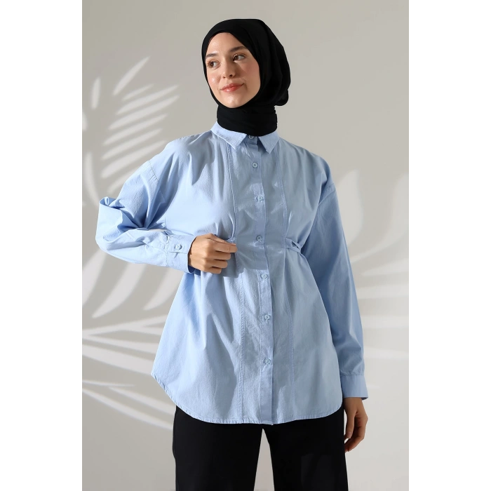 Kadın 100% Pamuk Poplin Kumaş Mavi Tesettür Gömlek