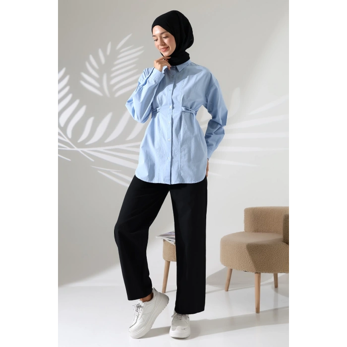 Kadın 100% Pamuk Poplin Kumaş Mavi Tesettür Gömlek