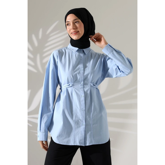 Kadın 100% Pamuk Poplin Kumaş Mavi Tesettür Gömlek