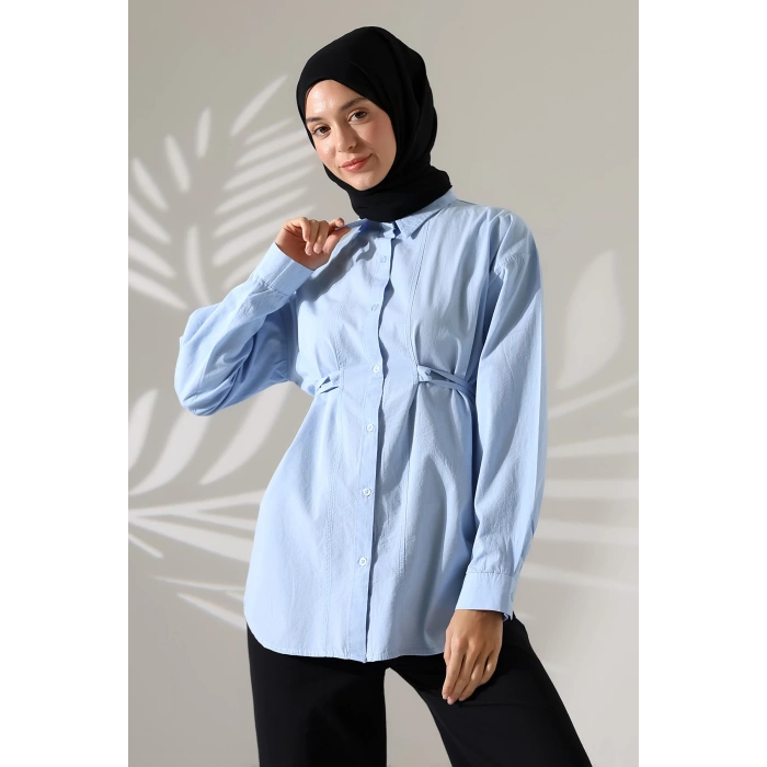 Kadın 100% Pamuk Poplin Kumaş Mavi Tesettür Gömlek