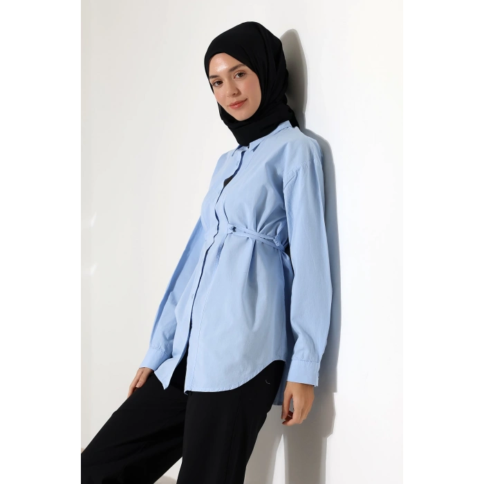 Kadın 100% Pamuk Poplin Kumaş Mavi Tesettür Gömlek