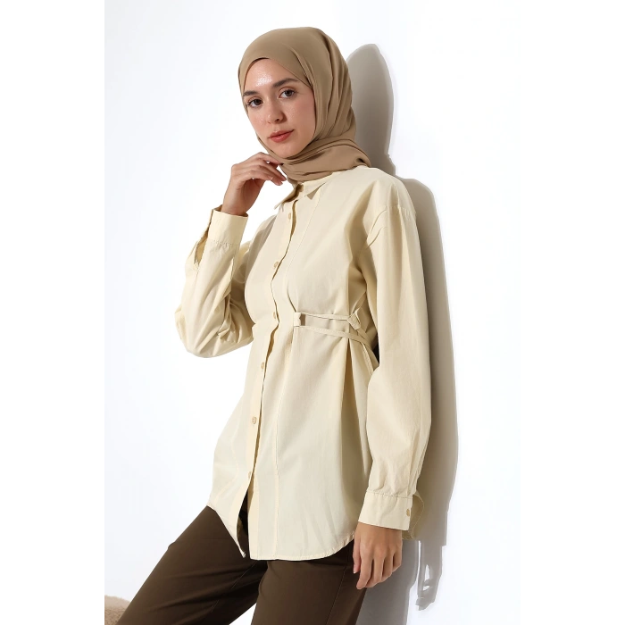 Kadın 100% Pamuk Poplin Kumaş Krem Tesettür Gömlek