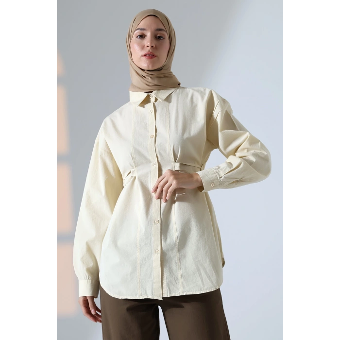 Kadın 100% Pamuk Poplin Kumaş Krem Tesettür Gömlek