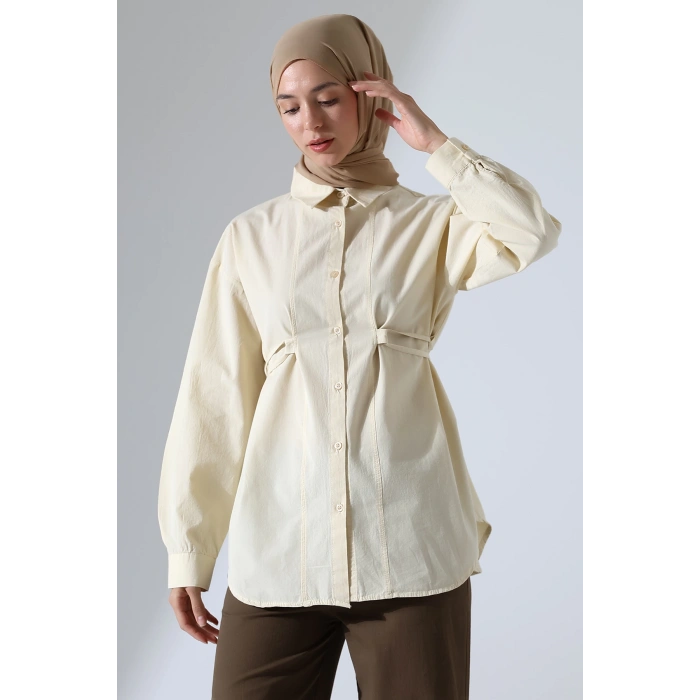 Kadın 100% Pamuk Poplin Kumaş Krem Tesettür Gömlek
