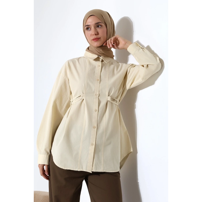 Kadın 100% Pamuk Poplin Kumaş Krem Tesettür Gömlek