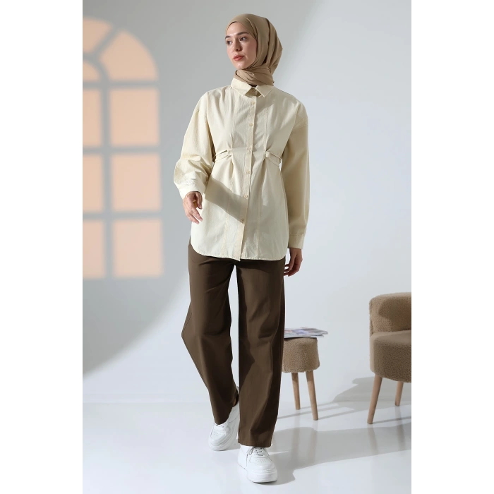 Kadın 100% Pamuk Poplin Kumaş Krem Tesettür Gömlek