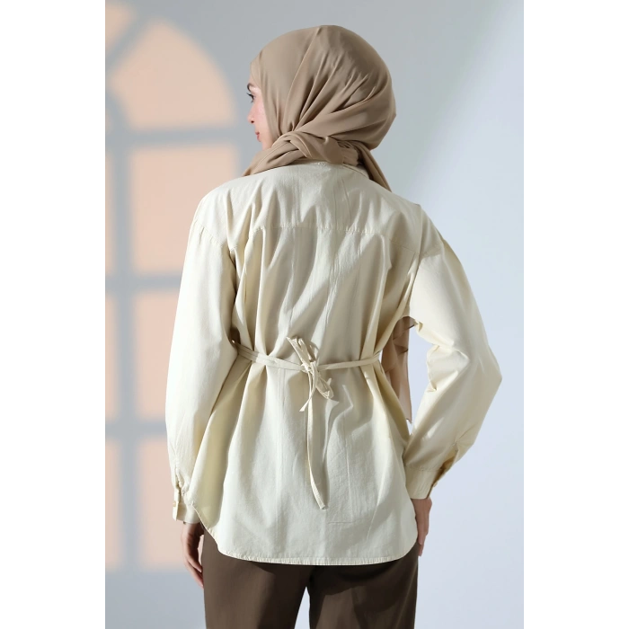 Kadın 100% Pamuk Poplin Kumaş Krem Tesettür Gömlek