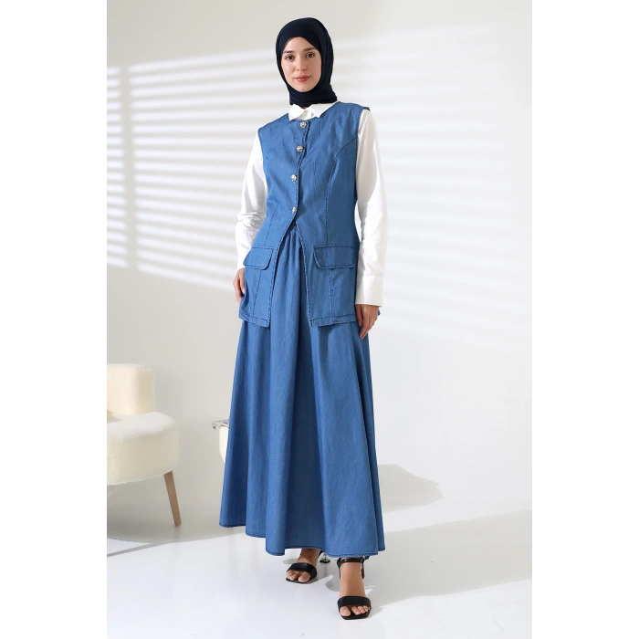 Kadın 100% Pamuk Kot Mavi Yelek Etek Tesettür Takım