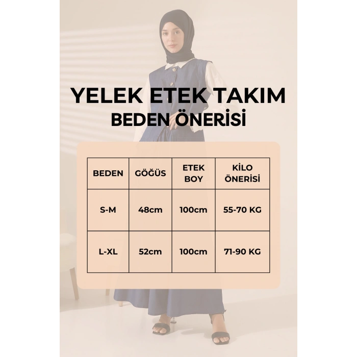 Kadın 100% Pamuk Kot Mavi Yelek Etek Tesettür Takım