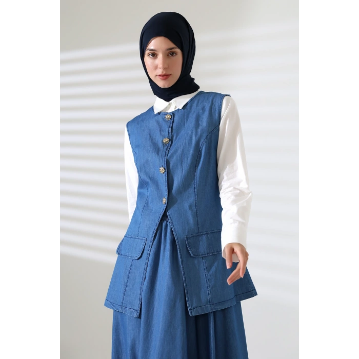 Kadın 100% Pamuk Kot Mavi Yelek Etek Tesettür Takım