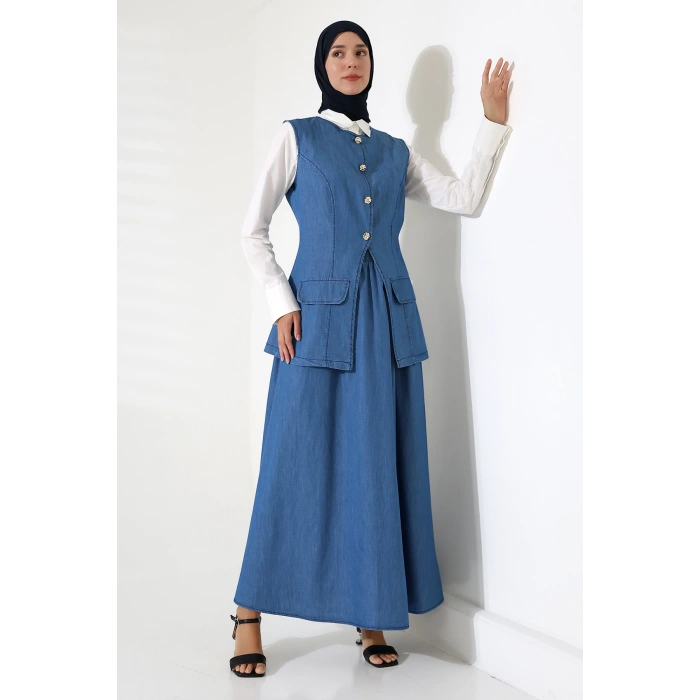 Kadın 100% Pamuk Kot Mavi Yelek Etek Tesettür Takım