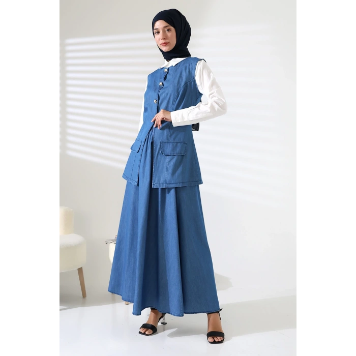 Kadın 100% Pamuk Kot Mavi Yelek Etek Tesettür Takım