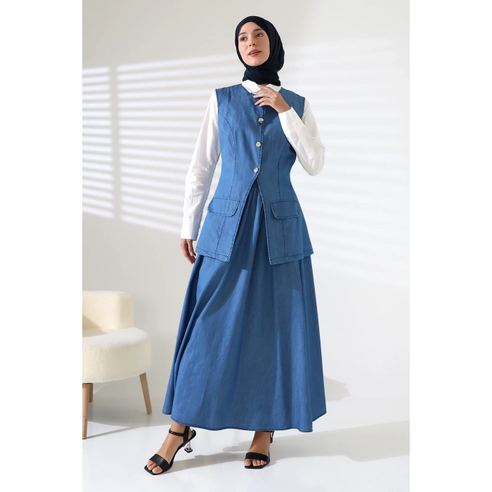 Kadın 100% Pamuk Kot Mavi Yelek Etek Tesettür Takım