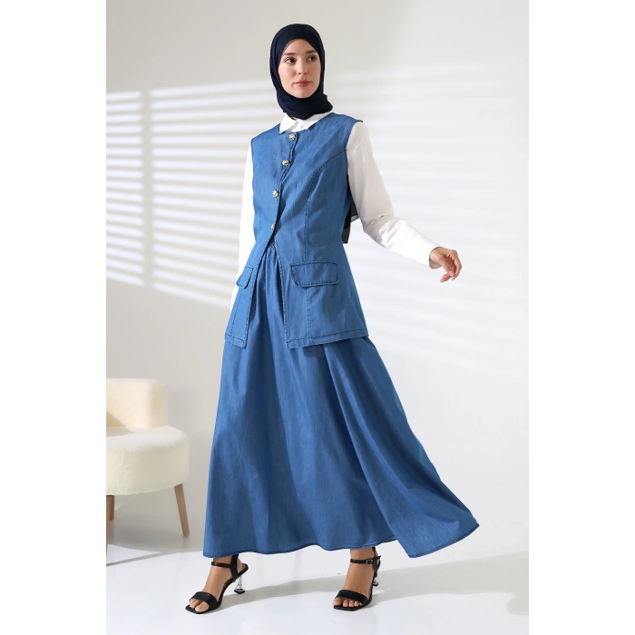 Kadın 100% Pamuk Kot Mavi Yelek Etek Tesettür Takım