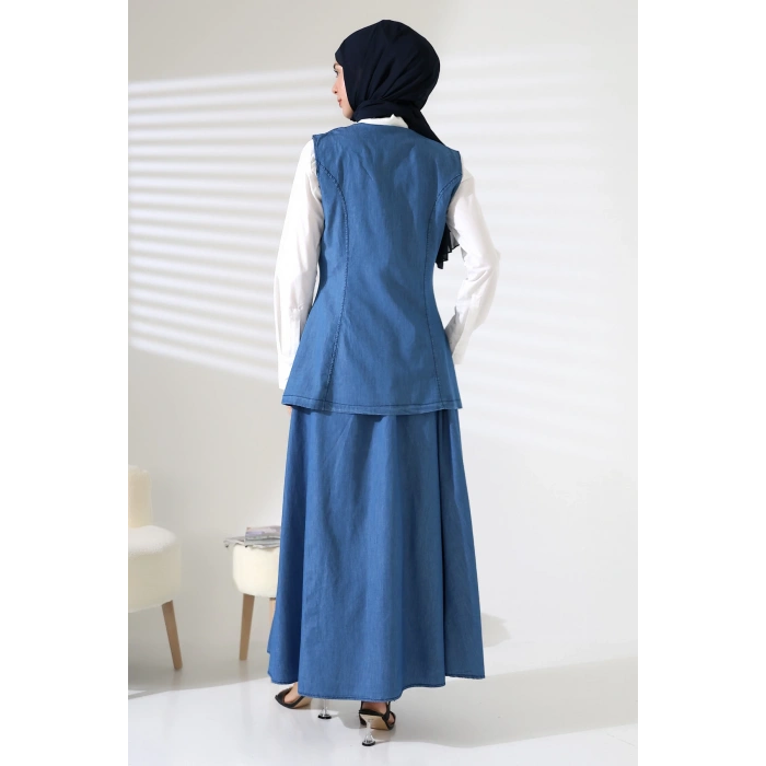 Kadın 100% Pamuk Kot Mavi Yelek Etek Tesettür Takım