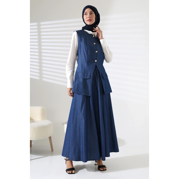 Kadın 100% Pamuk Kot Lacivert Yelek Etek Tesettür Takım