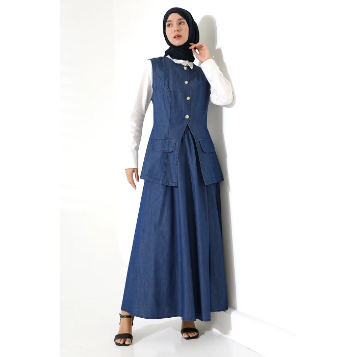 Kadın 100% Pamuk Kot Lacivert Yelek Etek Tesettür Takım