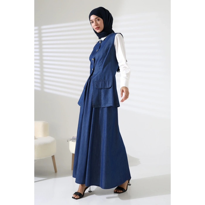 Kadın 100% Pamuk Kot Lacivert Yelek Etek Tesettür Takım