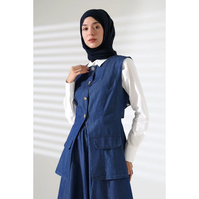 Kadın 100% Pamuk Kot Lacivert Yelek Etek Tesettür Takım