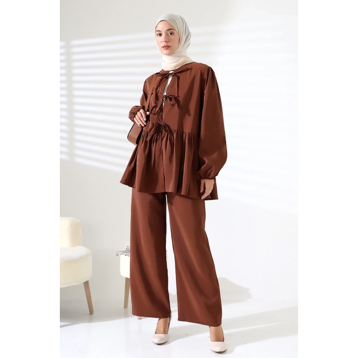 Kadın 100% Pamuk Modal Kahverengi Gömlek Pantolon Tesettür Takım