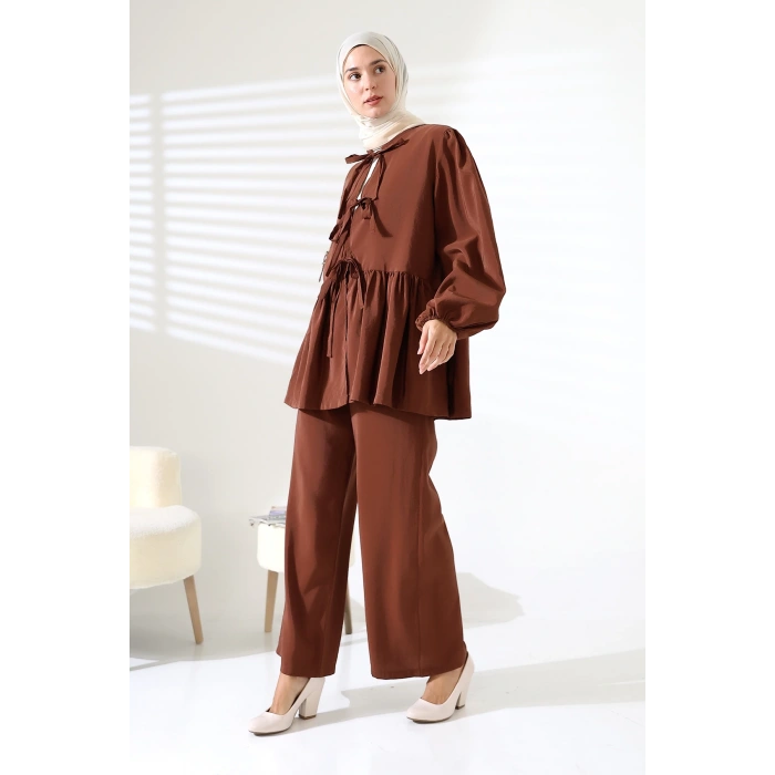 Kadın 100% Pamuk Modal Kahverengi Gömlek Pantolon Tesettür Takım