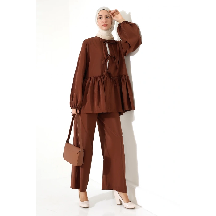 Kadın 100% Pamuk Modal Kahverengi Gömlek Pantolon Tesettür Takım