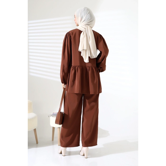Kadın 100% Pamuk Modal Kahverengi Gömlek Pantolon Tesettür Takım