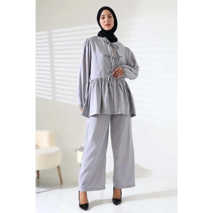 Kadın 100% Pamuk Modal Gri Gömlek Pantolon Tesettür Takım